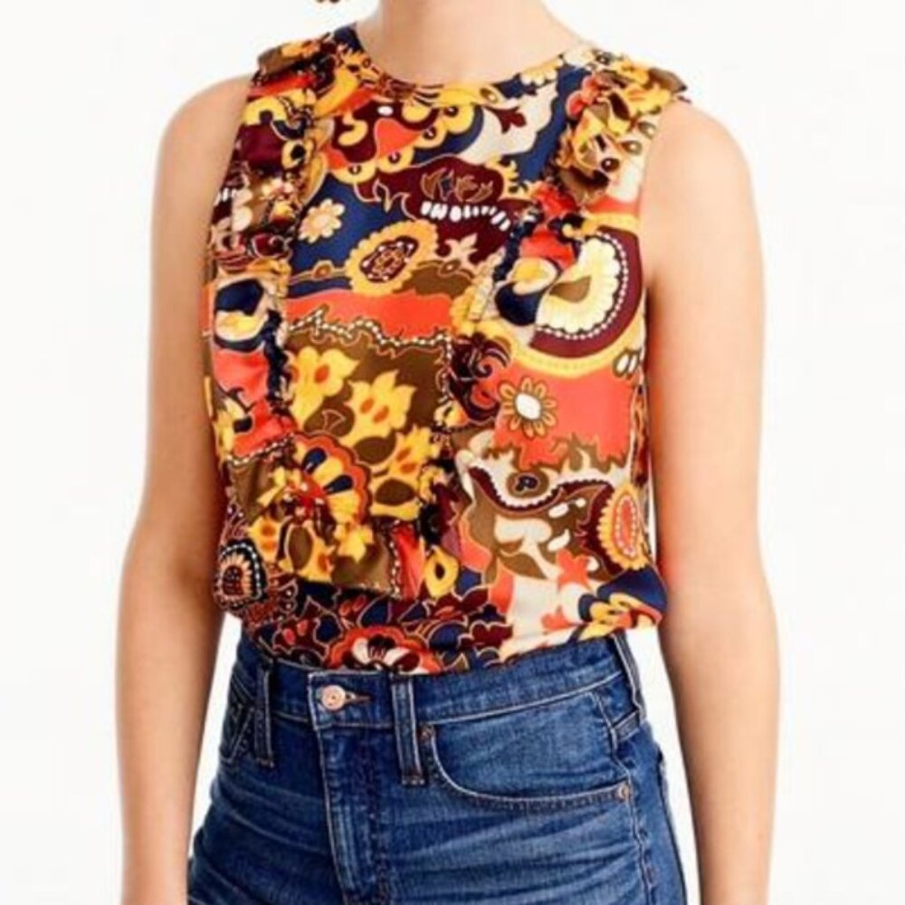 J Crew Silk Ruffle-Bib Top in Fall Floral Size4